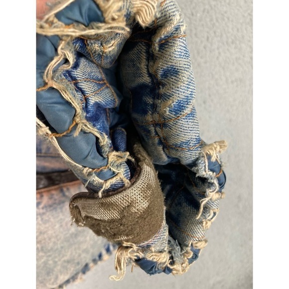 Vintage TRIM Sherpa Lined Acid Wash Denim Bomber Jacket Men’s L Aviator Patch - Picture 14 of 16